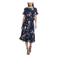 DKNY Womens Navy Zippered Belted Lined Sheer Overlay Floral Flutter Sleeve Jewel Neck Midi Wear to Work Fit + Flare Dress 2