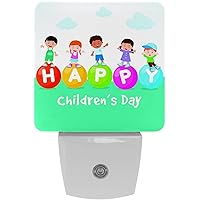 Happy Kids on Children's Day Night Light (Plug-in), Smart Dusk to Dawn Sensor Warm White LED Nightlights for Hallway Bedroom Kids Room Kitchen Hallway, 2 Packs