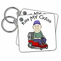 3dRose Key Chains Funny Cute Old Man on Riding Lawn Mower Kiss my Grass Mowing Pun (kc-362138-1)