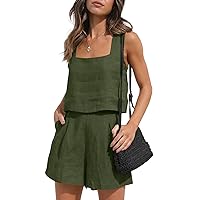 Womens 2 Piece Outfits Lounge Matching Sets Two Piece Linen Shorts Crop Tops 2023 Trendy Clothes Summer Vacation Set