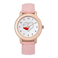 Love Heart Poland Map Flag Women's PU Leather Strap Watch Fashion Wristwatches Dress Watch for Home Work