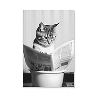 EHPAVLT Funny Bathroom Wall Art Decor - Black and White Picture - Cat Reading Newspaper In Toilet Canvas Art - Animals Reading Newapapers Prints - High-end Pictures for Bedroom (Unframed,8x12inch)