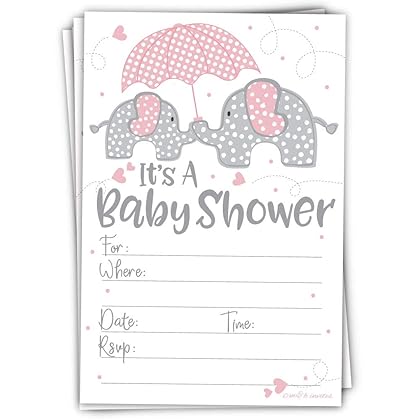Pink Elephant Girl Baby Shower Invitations (20 Count) with Envelopes