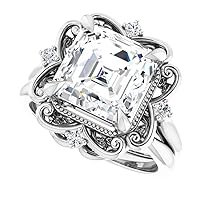 JEWELERYOCITY 4 CT Asscher Cut VVS1 Colorless Moissanite Engagement Ring Set, Wedding/Bridal Ring Set, Sterling Silver Vintage Antique Anniversary Promise Ring Set Gifts