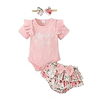 Newborn Baby Girl Mamas Girl Outfit Short Sleeve Letter Romper Ruffled Floral Shorts 3Pcs Cute Summer Clothes Set