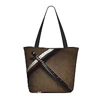 Japanese Samurai Sword Tote Bag with Zipper for Women Inside Mesh Pocket Heavy Duty Casual Anti-water Cloth Shoulder Handbag Outdoors