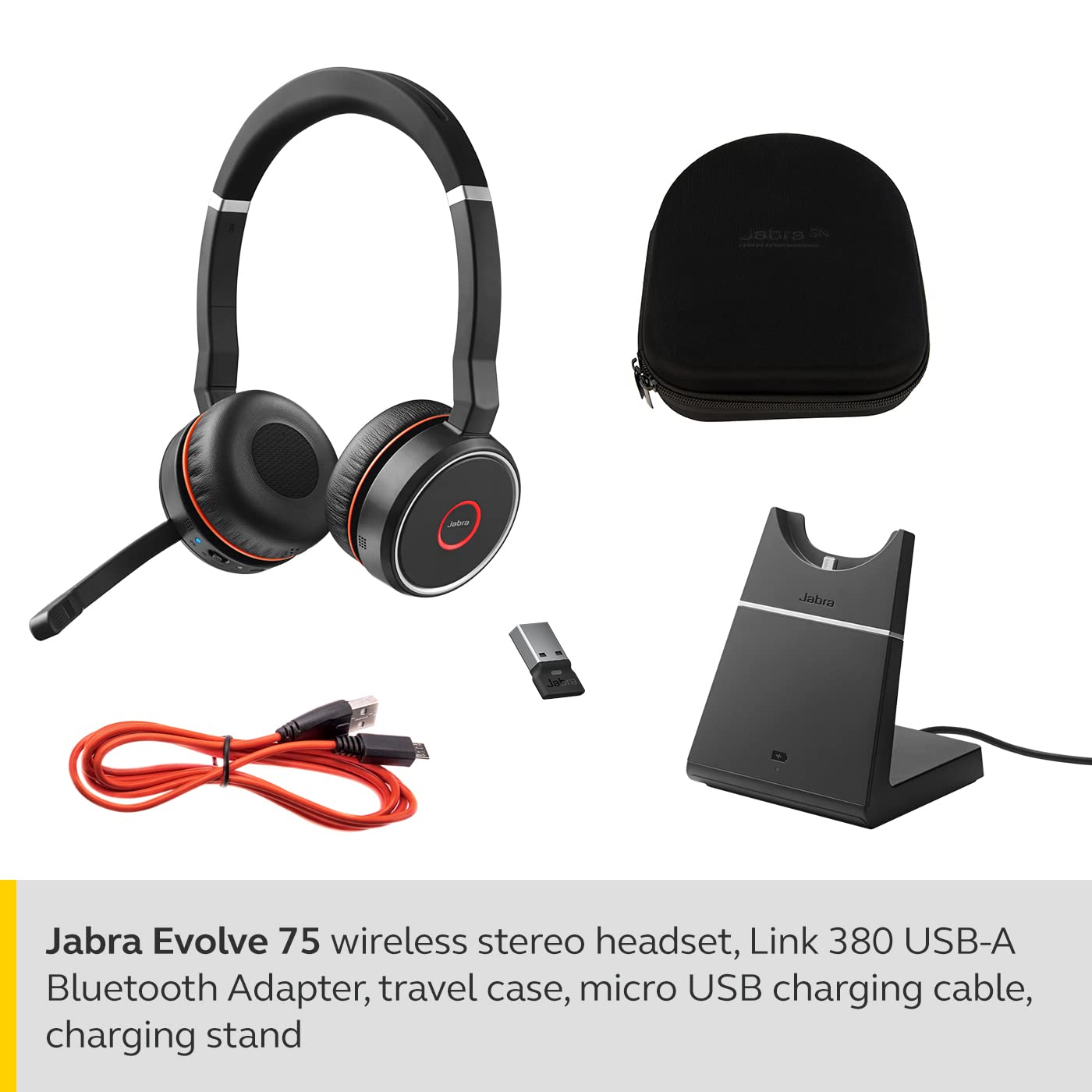 Jabra Evolve 75 UC Wireless Headset, Stereo – Includes Link 370 USB Adapter and Charging Stand – Bluetooth Headset with World-Class Speakers, Active Noise-Cancelling Microphone, All Day Battery
