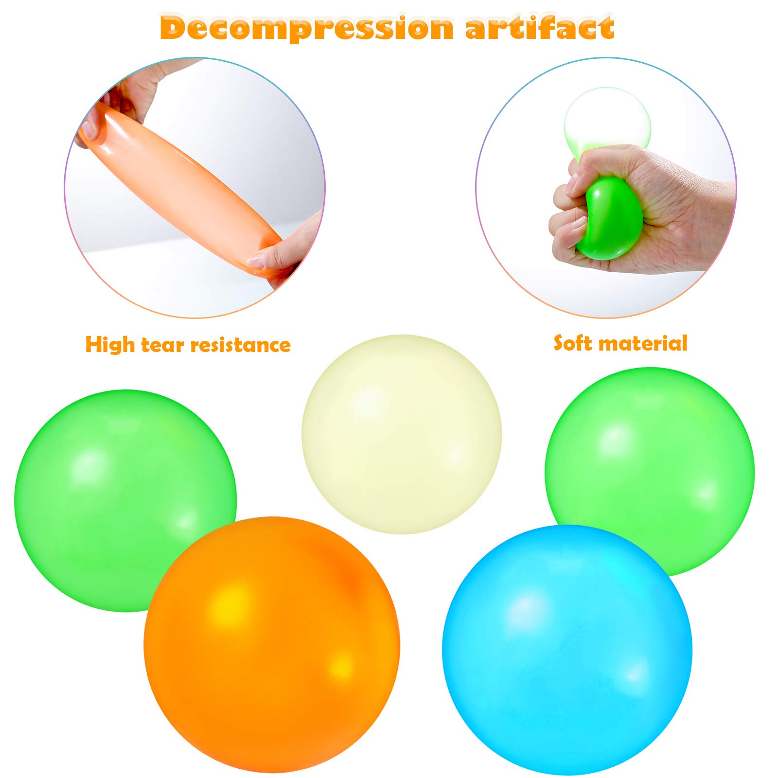8 Pieces Glow in the Dark Stress Balls Ceiling Balls Sticky Balls That Stick to the Ceiling Glowing Balls for Relax Toy Teens and Adults (White, Blue, Orange, Green,2.6 Inches)