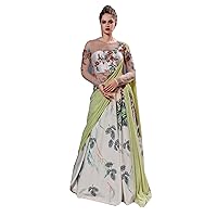 Green Floral printed Indo Western Christian Wedding & Festival Silk Draped Gown Dress 1146