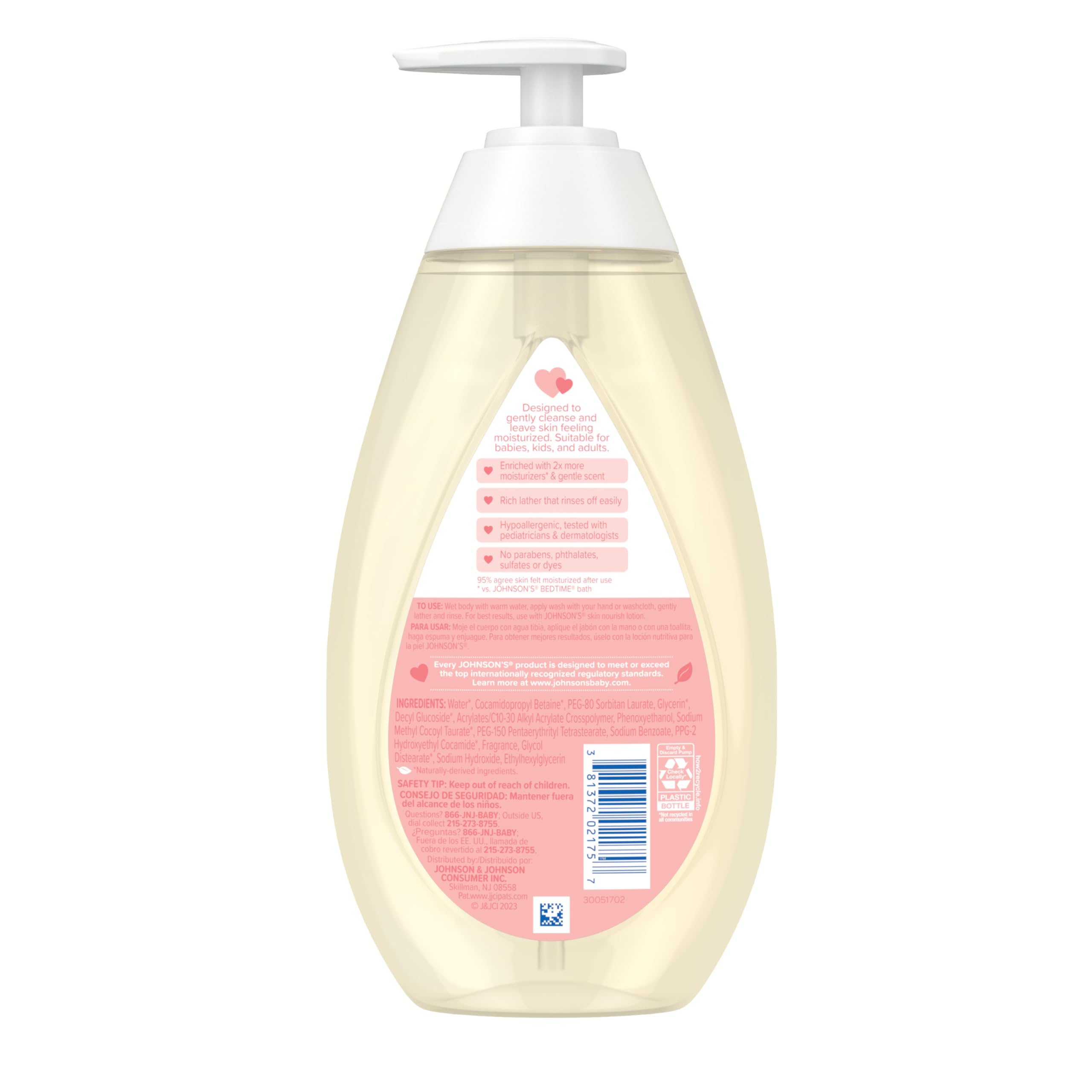 Johnson's Skin Nourish Moisture Wash, Baby Wash with Coconut & Honeysuckle Scents Cleanses & Leaves Skin Moisturized, Hypoallergenic Body Wash, Paraben-, Dye- & Sulfate-Free, 20.3 fl. oz
