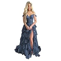 Off Shoulder Tiered Prom Dresses Lace Sequins Ball Dresses Long Party Dresses with Slit