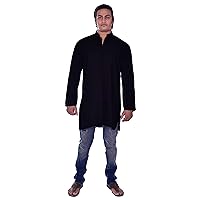 Men's Indian Kurta Loose Fit Black Solid Color Shirt Tunic 100% Cotton Plus Size