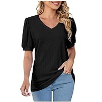 Ladies Cozy Eyelet Tops Puff Sleeve Summer V Neck Tshirt Loose Fit Vacation Blouses for Women Dressy Tee Tunic