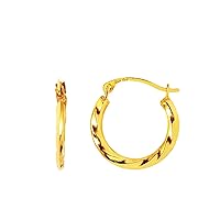 14K Yellow Gold Shiny Textured Round Hoop Earring with Hinged Clasp