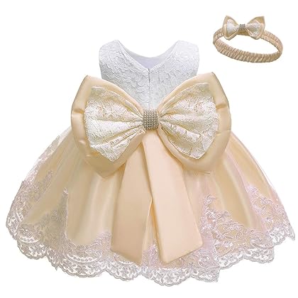 LZH Baby Dress Girls Formal Bowknot Birthday Party Tutu Flower Easter Dress with Headwear Champagne
