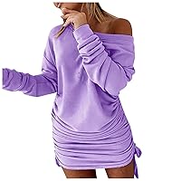 Sweater Dresses for Women 2023 Trendy Solid Color Drawstring Sexy Slim Oblique-Shoulder Sweater Dress