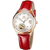 Womens Automatic Dress Wrist Watches Leather Strap Shining Rose Ladies Watches Burgundy Red Vintage Green Tone Waterproof Luminous