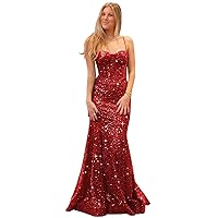 Women's Sequin Prom Dresses Spaghetti Strap Sparkly Evening Dress Mermaid Formal Gown