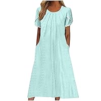 Womens Short Petal Sleeve V Neck Eyelet Crochet Midi Dress with Pockets Trendy Elegant Sexy Casual Summer Sundresses A-Light Blue