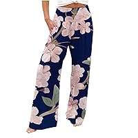 Floral Palazzo Pants for Women, High Waist Wide Leg Pants Dressy Casual Smocked Long Pants Women's Beach Trousers
