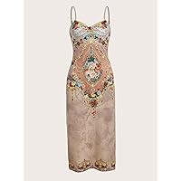Dresses for Women Floral Print Split Thigh Cami Dress Without Gloves (Color : Multicolor, Size : Small)