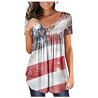 4Th of July Shirts Women, Women's Casual Summer V-Neck Button Short Sleeve T-Shirt Independence Day Print Top