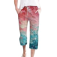 Capri Pants for Women Stretch High Waist Straight Wide Leg Pants Casual Floral Tie Dye Loose Trousers with Pockets Trendy