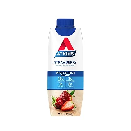 Atkins Strawberry Protein Shake, 15g Protein, Low Glycemic, 2g Net Carb, 1g Sugar, Keto Friendly, 12 Count