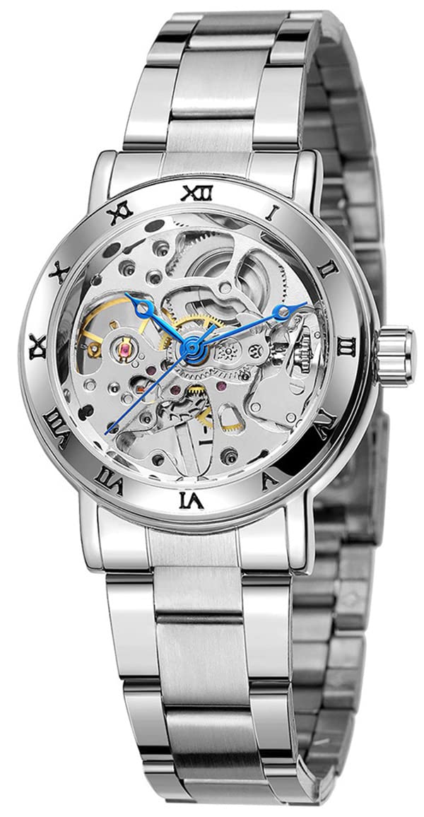 BESTKANG Fashion Womens Mechanical Skeleton Steampunk Design Roman Numeral Minimalist Retro Design Manual Winding Mechanical Watch