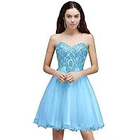Women's Sweetheart Sleeveless Tulle Short Homecoming Dress Beaded A Line Cocktail Party Gowns Sky Blue