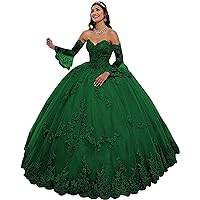 Women's Sweetheart Quinceanera Dresses Lace Appliques Ball Gown with Detachable Long Sleeve