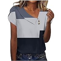Tops for Women Trendy Color Block V Neck Button T Shirts Summer Casual Petal Short Sleeve Loose Comfy Blouses