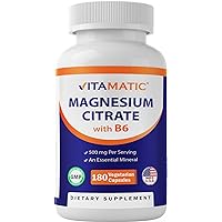 Vitamatic Magnesium Citrate 500mg per Serving - 180 Vegetarian Capsules (Provides 150 mg of Elemental Magnesium) - Added B6 for Maximum Absorption - Supports Muscle, Joint, and Heart Health*
