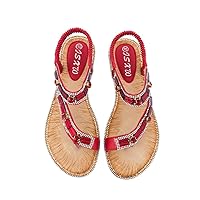 Women's Flat Sandals Summer Beach Sandal T-Strap Rhinestone Beaded Bohemia Shoes