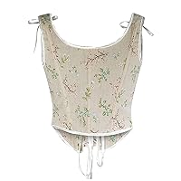 Women Linen Fishbone Vintage Court Corset Tank Tops Summer Fashion Floral Lace-Up Push Up Strap Tight Vest Bustiers