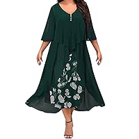 Women 2023 Summer Casual Dresses Women Plus Size Casual Print Dress Lace Round Neck Dress Mid Long Sleeve