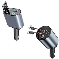 2 Packs Retractable Car Charger 120W, 4 in 1 Super Fast Phone Car Charger, Retractable Cables + 2 USB Ports Car Charger Adapter for iPhone 15/14/13/12/11 Pro, iPad, Samsung, Pixel (Type C+IP)