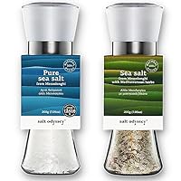 Pack of 2 SALT ODYSSEY Pure Sea Salt, Grinder Salt for Seasoning Meat, Fish and Chicken, Gourmet 100% Natural Sea Salt Mill Grinder, Pure Sea Salt and Salt with Rosemary, Oregano, Tomato, Red Pepper G