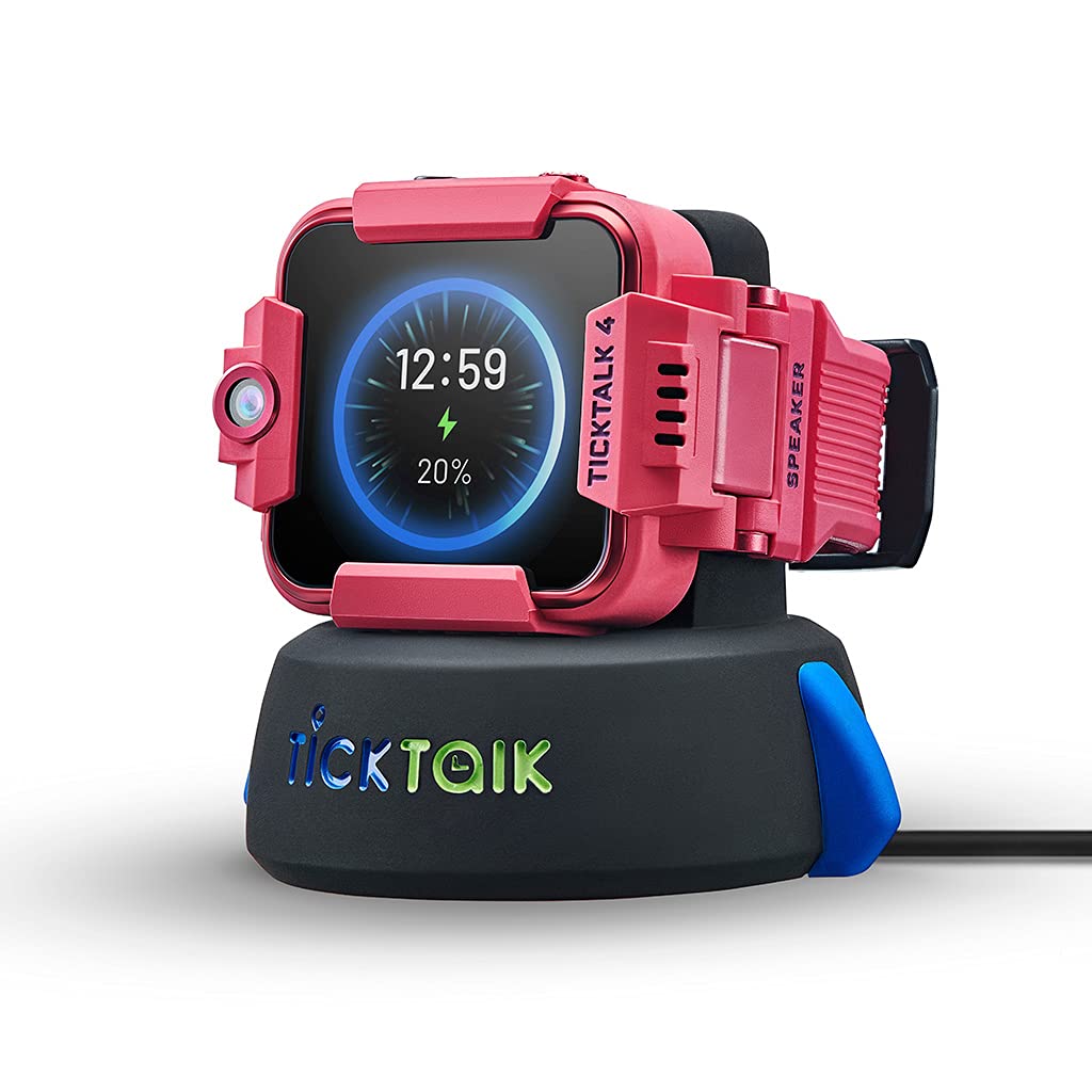 TickTalk 4 Kids Smartwatch with Power Base Bundle (Pink Watch with Red Pocket SIM On at&T's Network)