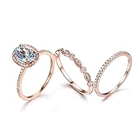 6x8mm Oval Natural Blue Aquamarine Solid 14k Rose Gold HALO Claw Ring Set,Thin Band,Diamond Eternity Ring