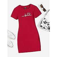 Dresses for Women Heart Print Bodycon Dress (Color : Red, Size : Large)