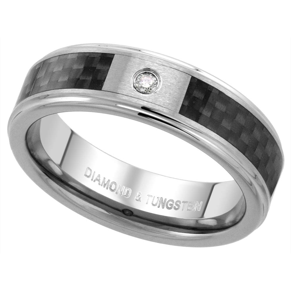8mm & 6mm Tungsten Diamond Wedding Ring for Him & Her Black Carbon Fiber Inlay Beveled Edges Comfort fit sizes 4 to 13