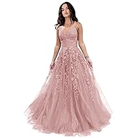 Glitter Tulle Prom Dresses Women Lace Appliques Long Ball Gwons with Spaghetti Straps A-Line Evening Dresses