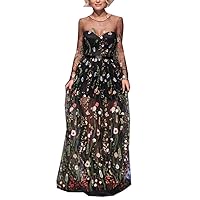 Illusion Tulle Floral Formal Evening Party Dresses for Women Lace Embroidery Maxi Dress