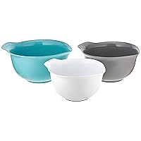 KitchenAid Universal Nesting Plastic Mixing Bowls, Set Of 3, 2.5 quart, 3.5 quart, 4.5 quart, Non Slip Base with Easy Pour Spout to Reduce Mess, Dishwasher Safe, Aqua Sky, White, Gray