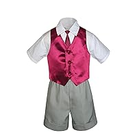7pc Baby Boy Grey Formal Shorts Checked Suits Extra Vest Necktie Set S-4T