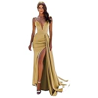 Dexinyuan Mermaid Satin Prom Dresses Long with Slit Spaghetti Straps Ball Gown V-Neck Formal Party Evening Gowns 2024