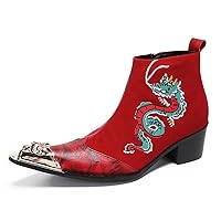 Chelsea Boots Men Leather Metal-Tip Toe Dragon Graffiti Painting Cowboy Boots Western Wedding Ankle Boots Fashion Casual Ballroom Party Dress Boots for Men