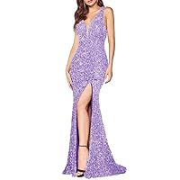 Lindo Noiva Lavender Mermaid Prom Dress Long for Women Sexy Bodycon Slit Sparkly Sequin Formal Ball Gown LNL085