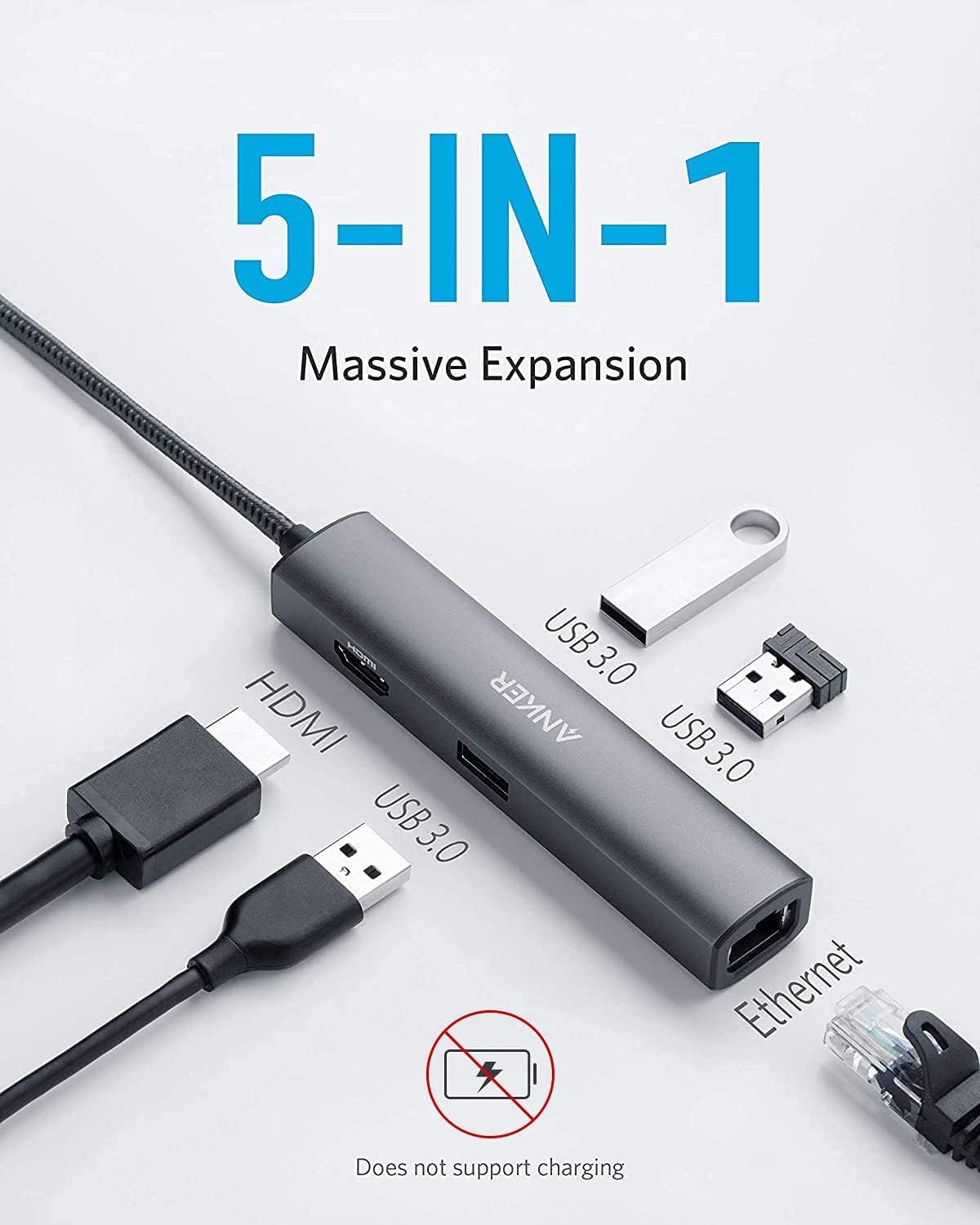 Anker Hub Adapter, 5-in-1 Adapter with 4K USB C to HDMI, Ethernet Port, 3 USB 3.0 Ports, for MacBook Pro, iPad Pro, XPS, Pixelbook, and More